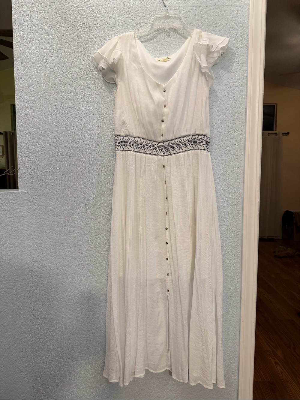 White Maxi Dress with Embroidered Waist and Button Front